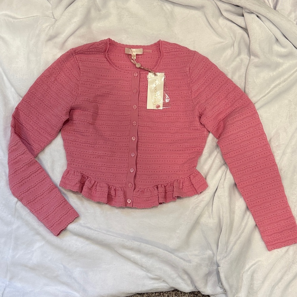 LoveShackFancy Rogan Pointelle Knit Cardigan Sunset Pink Eyelet Cardigan